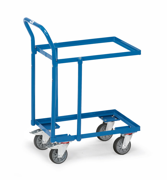 Mit Schiebebügel, Tk=250kg, 4 Lenkrollen Ø 125mm (2 gebremst), Eigengewicht: 14kg, 2 offene Rahmen (Tk obere Ladefläche: 80kg), Farbe RAL 5007 blau, zerlegte Lieferung.
Grossansicht mit Klick auf Bild